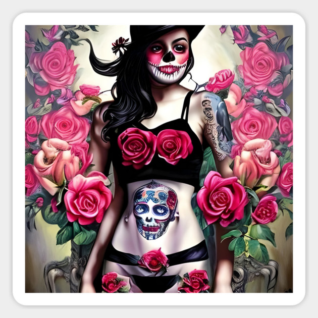 Tattooed Goth Pin Up Girl with Roses Magnet by animegirlnft