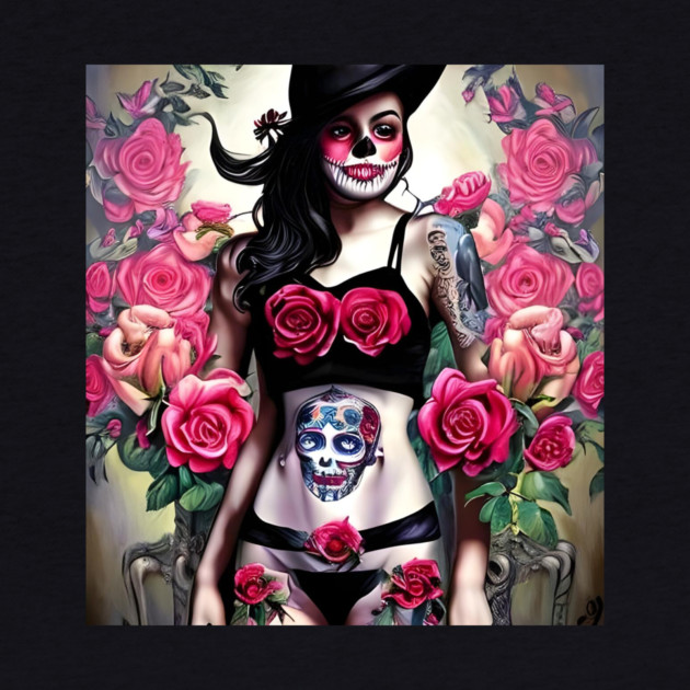 Tattooed Goth Pin Up Girl with Roses by animegirlnft