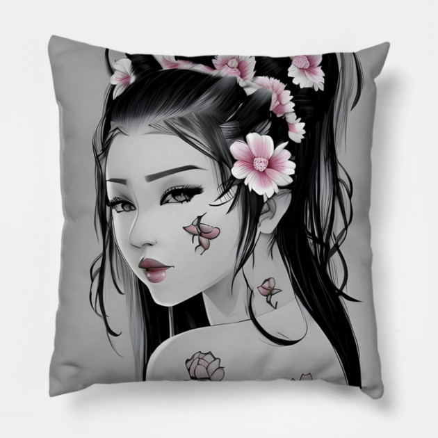 Asian Tattooed Pin Up Girl Pillow by animegirlnft