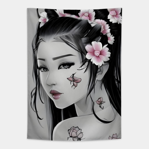 Asian Tattooed Pin Up Girl Tapestry by animegirlnft