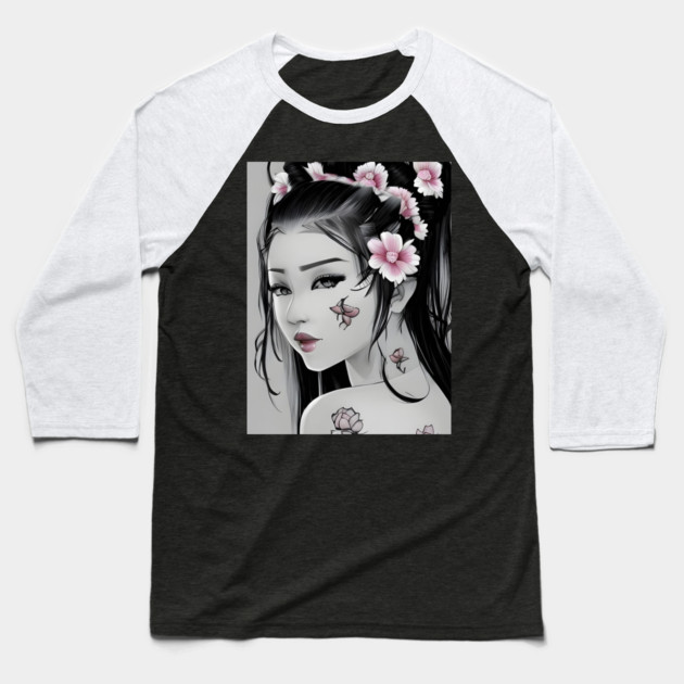Asian Tattooed Pin Up Girl Baseball T-Shirt by animegirlnft