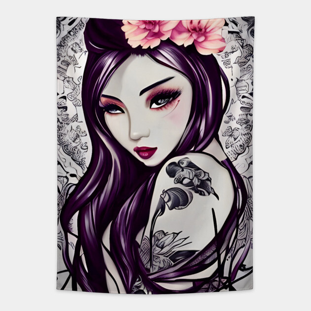 The girl with the flower tattoo Tapestry by animegirlnft