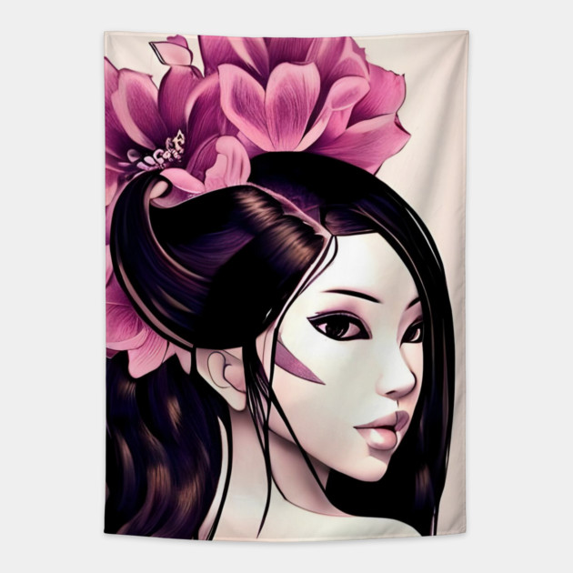 Beautiful Asian Perfect Girl Drawing Tapestry by animegirlnft
