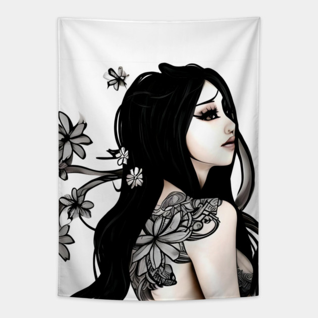 Asian Tattoo Girl Tapestry by animegirlnft