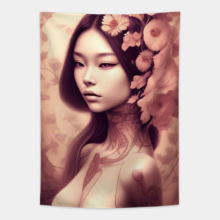 Beautiful Asian Woman Painting Tapestry