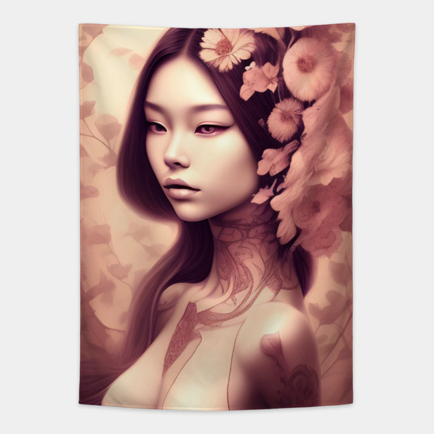 Beautiful Asian Woman Painting Tapestry by animegirlnft