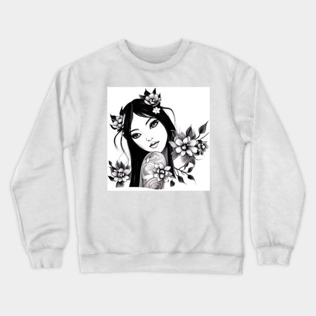 Beautiful Asian Girl Tattoo Art Crewneck Sweatshirt by animegirlnft