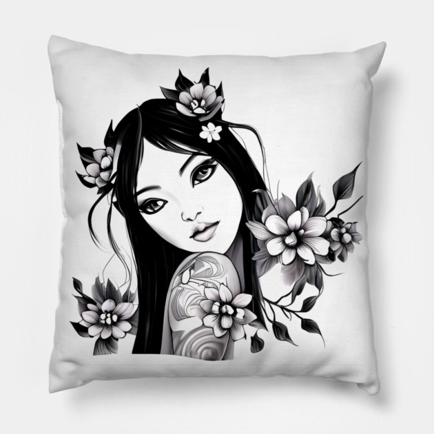 Beautiful Asian Girl Tattoo Art Pillow by animegirlnft
