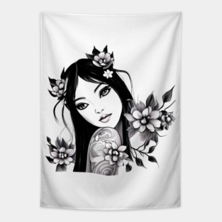 Beautiful Asian Girl Tattoo Art Tapestry