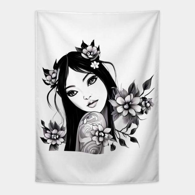 Beautiful Asian Girl Tattoo Art Tapestry by animegirlnft