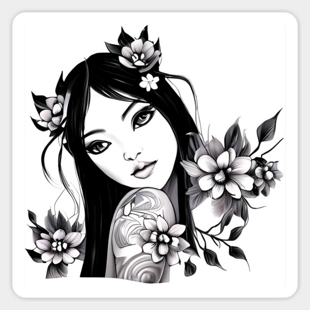 Beautiful Asian Girl Tattoo Art Sticker by animegirlnft