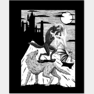 Luthien and Huan battle Sauron Posters and Art