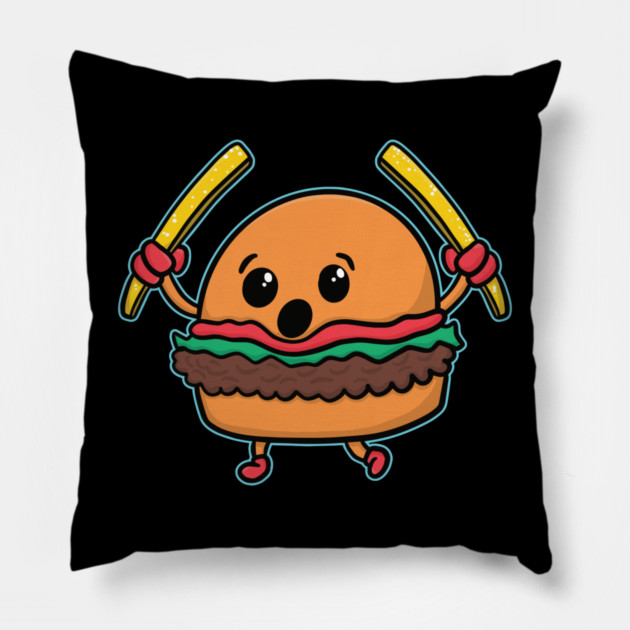 Playful Food Cartoon Hamburger Holding Fries Burger Pillow by belownormal