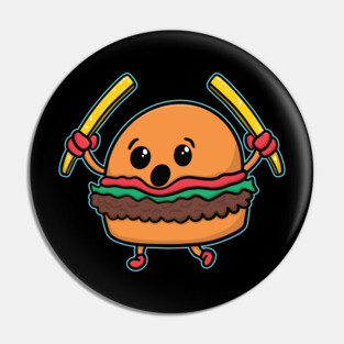 Playful Food Cartoon Hamburger Holding Fries Burger Pin