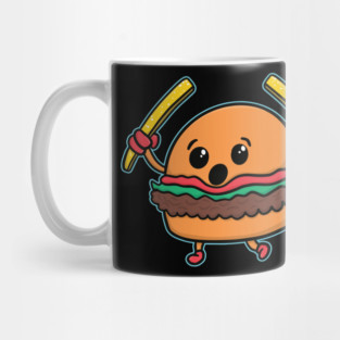 Playful Food Cartoon Hamburger Holding Fries Burger Mug