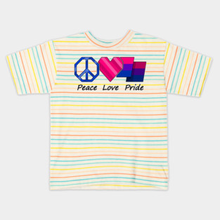 Peace, Love, and Pride design in Bisexual pride flag colors Kids T-Shirt