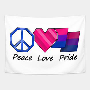 Peace, Love, and Pride design in Bisexual pride flag colors Tapestry