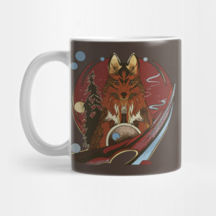 Anime cartoon style wolf with pine trees and starry night Mug