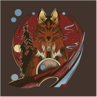 Anime cartoon style wolf with pine trees and starry night Posters and Art