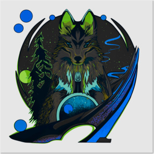 Wolf cartoon style wild animal with forest background Posters and Art