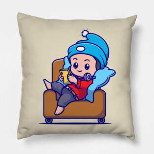 Cute Boy Operating Phone On Sofa Cartoon Pillow