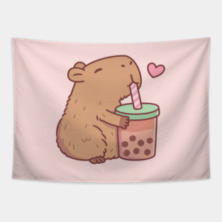 Cute Capybara Loves Bubble Tea Tapestry