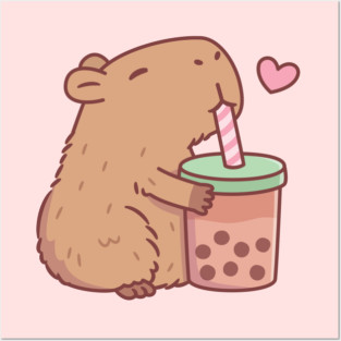 Cute Capybara Loves Bubble Tea Posters and Art