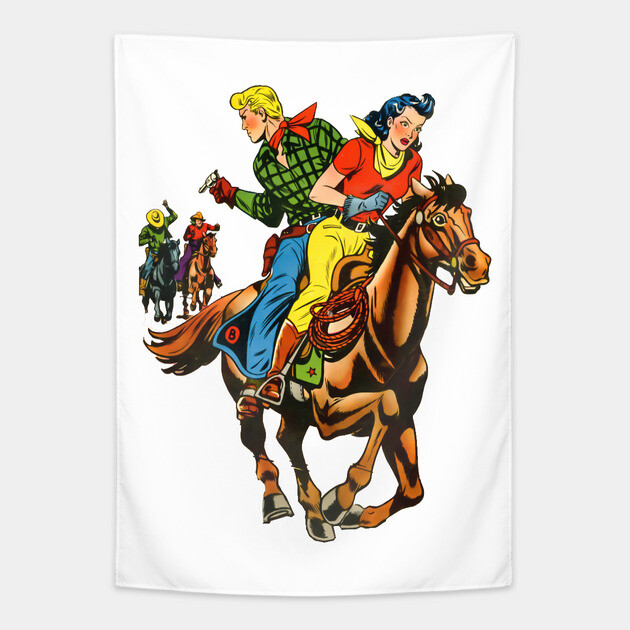 Beautiful Wild West Woman on Horseback Cowboy Retro Comic Vintage
