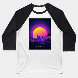 City Skyline 80s Synthwave Baseball T-Shirt