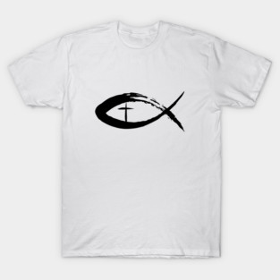Painted Cross and Fish Christian Design - Black T-Shirt