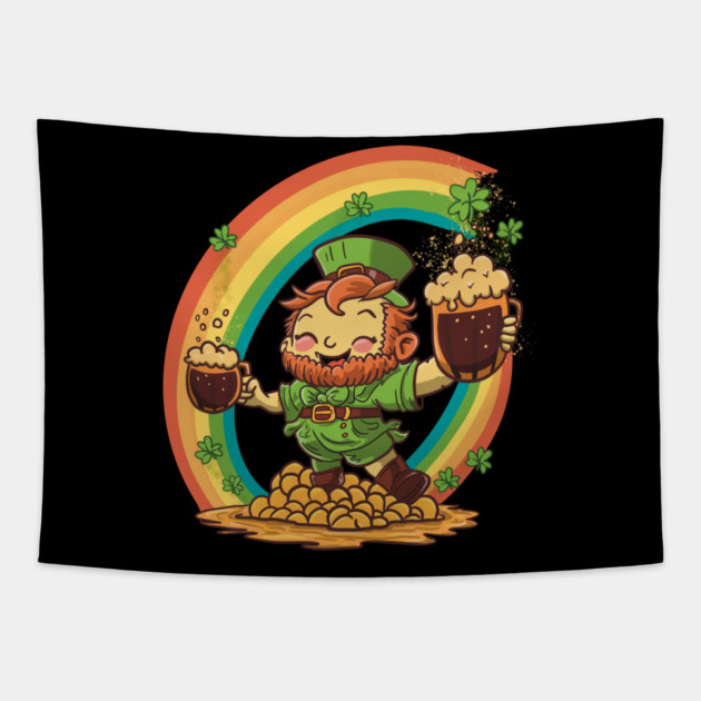 Cute St Patricks Day Leprechaun with Beer on Gold Tapestry by belownormal