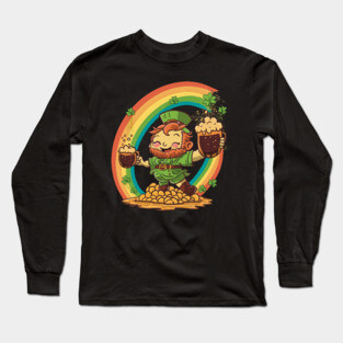 Cute St Patricks Day Leprechaun with Beer on Gold Long Sleeve T-Shirt