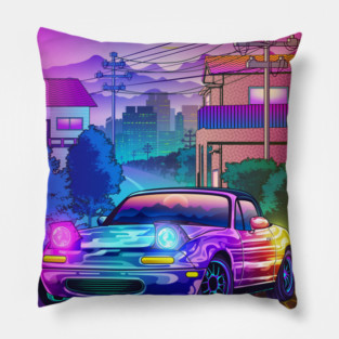 Neon MX5 Miata Synthwave Pillow