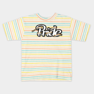 Gay Bear pride flag colored ribbon wrapped around the letters of the word PRIDE Kids T-Shirt