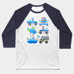 Police Vehicles SWAT Truck Officers Chopper Boat Patrol Cars Baseball T-Shirt