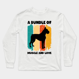 A Bundle Of Muscle And Love Retro Sunset Funny Boxer Puppy Dog Quote Humor Saying Long Sleeve T-Shirt