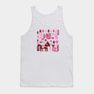 Raspberry And Cream Scandinavian Folk Art Forest Friends Tank Top