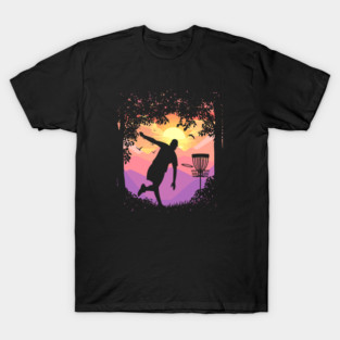 Disc Golf Pixel Sunset Tree Framed Disc Golfer Art T-Shirt