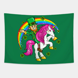 St Patricks Day Leprechaun Riding Unicorn Tapestry
