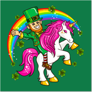 St Patricks Day Leprechaun Riding Unicorn Posters and Art