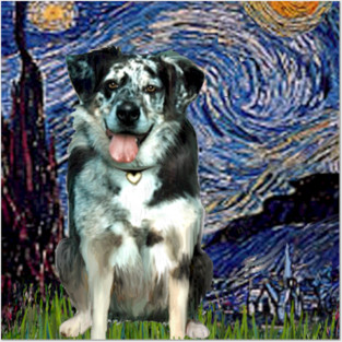 Starry Night (Van Gogh) with a Catahoula Leopard Dog Posters and Art