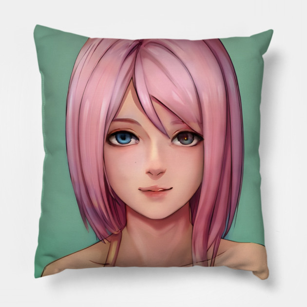 Pretty In Pink Hair Anime Girl Next Door Pillow by animegirlnft