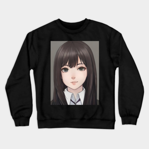 Black Hair Cute Anime High School Pretty Girl Crewneck Sweatshirt by animegirlnft