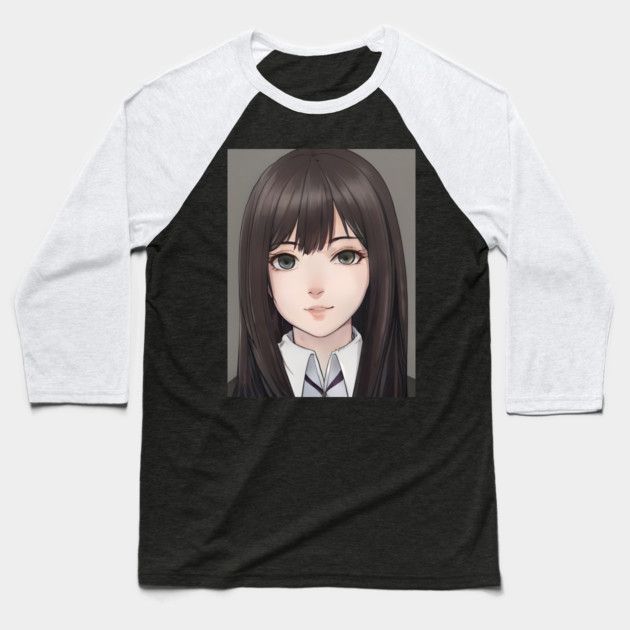 Black Hair Cute Anime High School Pretty Girl Baseball T-Shirt by animegirlnft