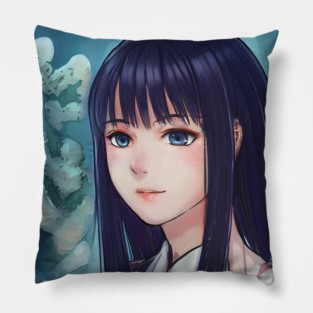 Sad anime girl with black hair Pillow