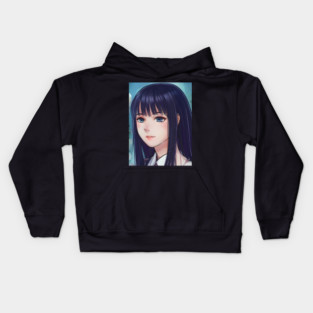 Sad anime girl with black hair Kids Hoodie