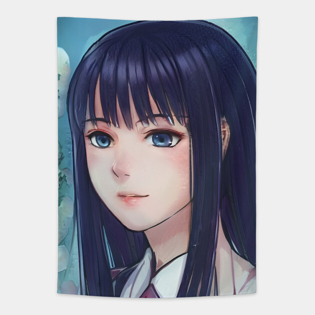 Sad anime girl with black hair Tapestry by animegirlnft