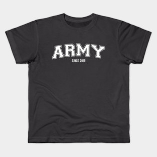 BTS Bangtan ARMY since 2019 varsity college text | Morcaworks Kids T-Shirt