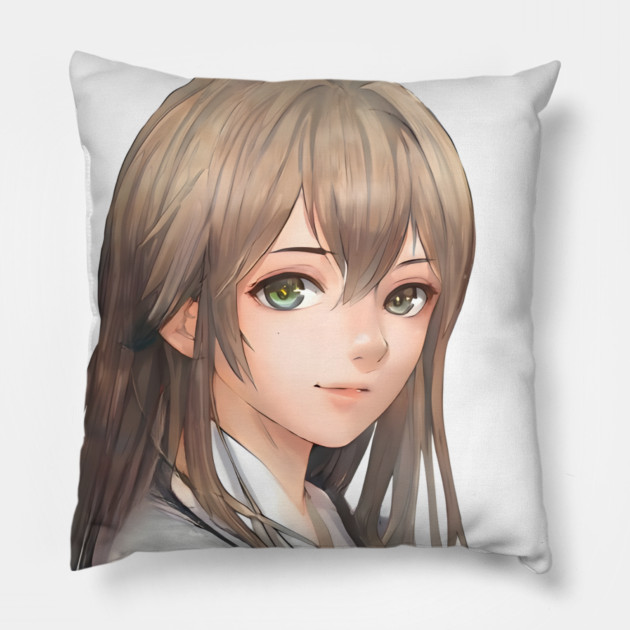 Beautiful brown hair waifu anime high school girl Pillow by animegirlnft