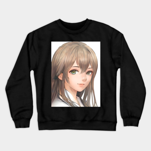 Beautiful brown hair waifu anime high school girl Crewneck Sweatshirt by animegirlnft